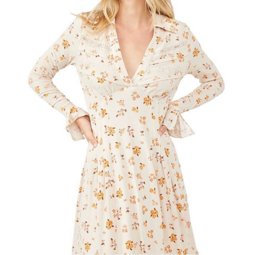 Free People Good Days Floral Long Flared Sleeve Cream Mini Dress